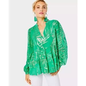 Lilly Pulitzer Sarita Silk Top Botanical Green Gold Palm Leaf Silk Clip Chiffon